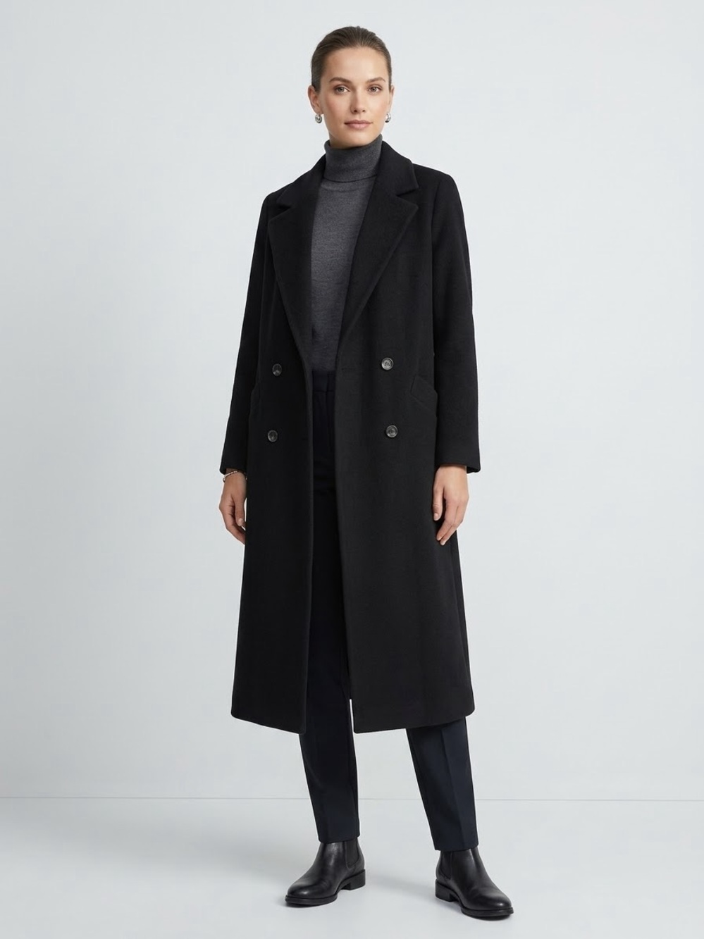 Kristen Blake Women’s Black Long Wool Cashmere Blend Coat Size 14 Double Breaste